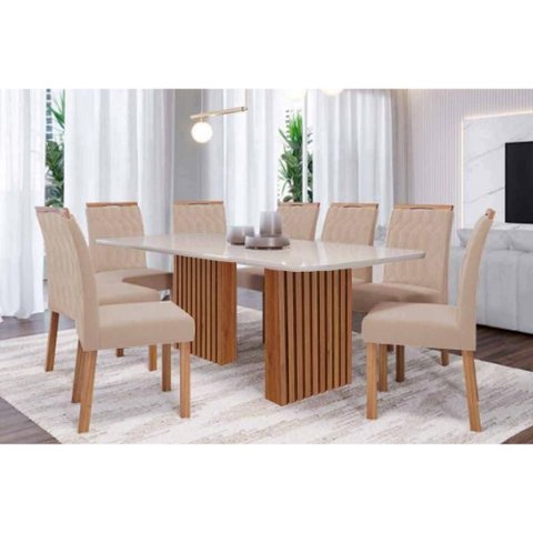 Conjunto: Mesa Sala Jantar Ester Tampo Madeirado C/ Vidro 210x100cm e 8 Cadeiras Paola Cinamomo/off