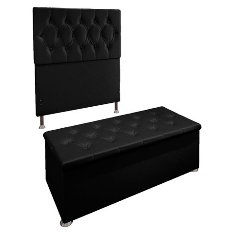 Kit Cabeceira e Calçadeira Baú Solteiro 0,90m Madrid Suede - Pallazio - Preto