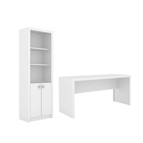 Escritório com Mesa para Computador Simples e Armário C/ Prateleiras 2 Portas Branco - Fdecor