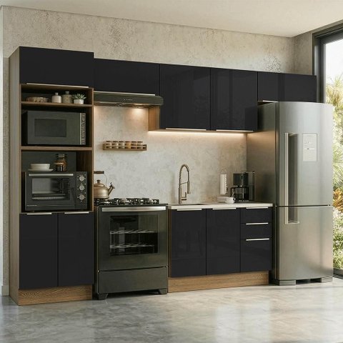 Armário de Cozinha Completa 350 x 60 cm Rustic/Preto Lux Madesa 02