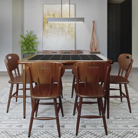 Mesa de Jantar Retangular 125x80cm Madeira Maciça 6 Lugares Sala Cozinha - Azulejo Preto - Natural