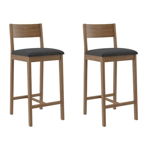 Banqueta Madeira Nogueira Maciça tecido Cinza Escuro Modelo Manu Altura 70cm Kit 2 Unidades Poltrona
