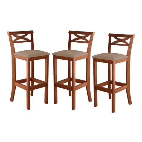 Kit 3 Banquetas Alta X Estofada 38x104Cm Ilha Encosto Madri Madeira Maciça Castanho Suede Bege - CCS