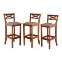 Ver imagem 1 de Kit 3 Banquetas Alta X Estofada 38x104Cm Ilha Encosto Madri Madeira Maciça Castanho Suede Bege - CCS