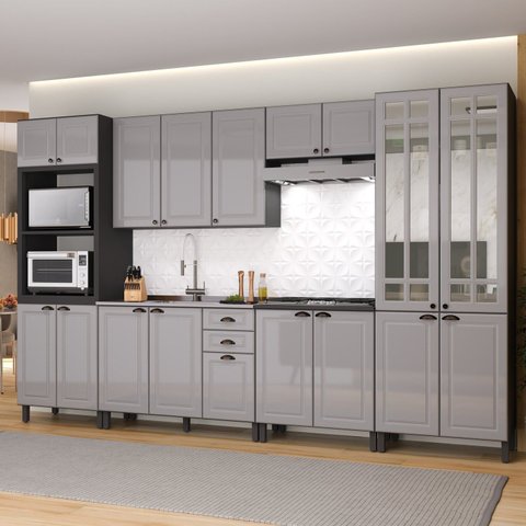 Cozinha Americana Modulada 6 Peças Torre Quente Cristaleira com Vidro Reflecta Sem Tampo Paris