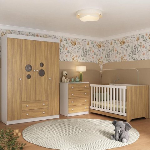 Quarto de Bebê Completo com Berço Americano 3 em 1 Pirulito Multimóveis Mp4617 Branco/madeirado