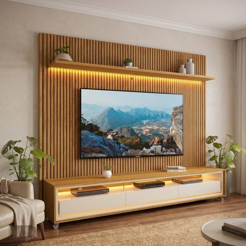 Rack com Painel para TV para 90 Polegadas com LED 100% MDF com Pés em Madeira Maciça