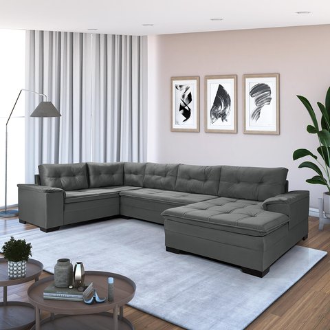 Sofá Viena 3 Lugares com Chaise e Canto Suede Cinza 380 Premium Plus Império