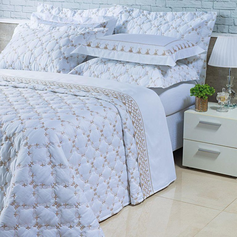 Kit Cobre Leito Colcha Garland Super King 100% Algodão 400 Fios Acetinado Bordado 5 Peças - Branco