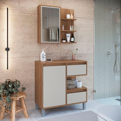 Gabinete Banheiro 80cm e Espelheira 70cm Clari Mel/arenas F10 - Mpozenato