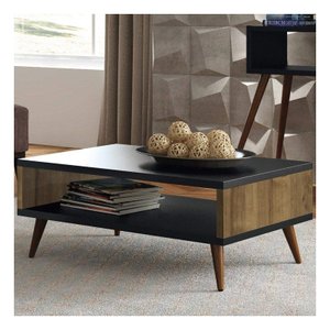 Mesa De Centro Sala de Estar Rack Preto e Madeirado - Com Nicho porta Revistas - 65cm