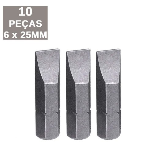 Jogo 10 Bits Ponta Ponteira Fenda 6mm x 25mm Aço Cromo Vanádio - Starfer
