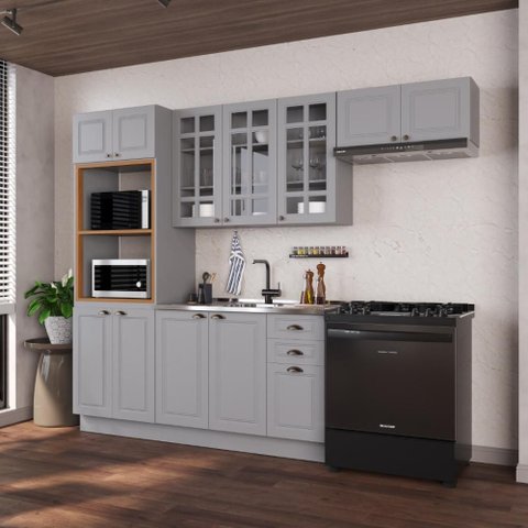 Armário de Cozinha Modulada Compacta Fidelitá Nara 100% MDF 4 Peças 270cm 12 Portas 2 Gavetas sem