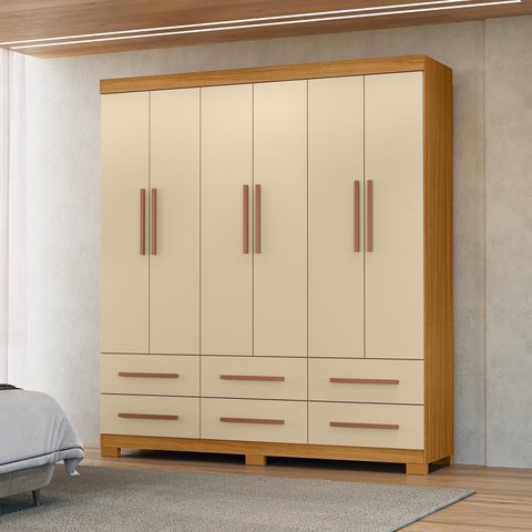 Guarda-Roupa Casal 6 Portas 6 Gavetas com Pés Milano Off White/Carvalho Americano