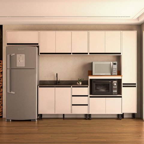 Cozinha Koya 6 Peças 316,8x214cm Armários Aéreos Paneleiro Balcões c/ 3 Gavetas Creme 250032