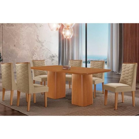 Conjunto: Mesa Sala Jantar Maldivas C/ Tampo Madeirado Canto Curvo 180x90cm e 6 Cadeiras Dafne