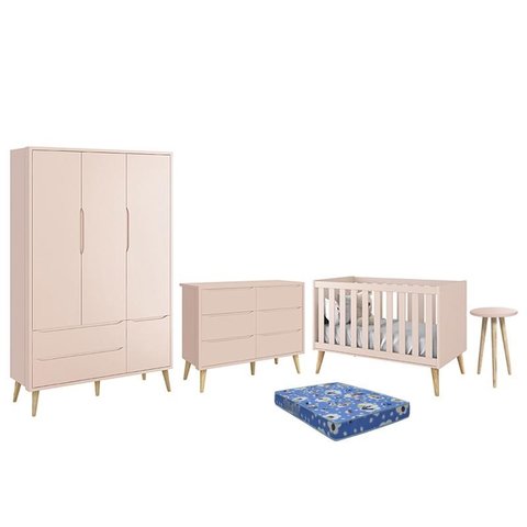 Dormitório Theo 3 Portas, Cômoda 6 Gavetas, Berço, Mesa de Canto Rosa Fosco com Pés Madeira Natural 