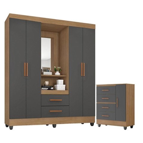 Guarda Roupa Casal Capela Com cômoda Lite 4 Gavetas 01 Porta nature Cinza - Móveis Leão