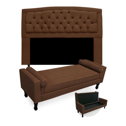Kit Cabeceira Geovana + Calçadeira Baú Felix King Size 195cm Suede - Ecotec Decor:Marrom