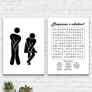 Kit 2 Quadros Divertidos Banheiro Unissex 45x34cm:Madeira branca