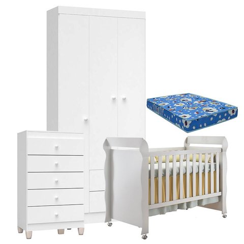 Quarto de Bebê 3 Portas com Gaveteiro Ternura Baby e Berço Mirelle Branco Brilho com Colchão - Incor