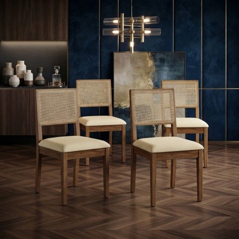 Kit 4 Cadeiras Estilo Contemporâneo Jabuti Madeira Maciça Encosto em Tela e Assento em Linho - Creme