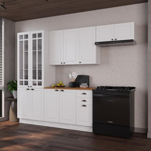 Armário de Cozinha Modulada Compacta Fidelitá Nara 100% MDF 4 Peças 280cm 12 Portas 2 Gavetas com