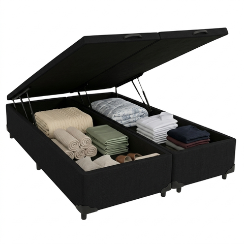 Cama Box Baú Queen Suede Preto 158x198x40cm com Pistão a Gás e Pés de Madeira