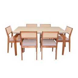 Sala De Jantar Mesa Ester 180x90 Com Vidro Off White 6 Cadeiras Alice Tela Sintética Madeira Maciça  - 2
