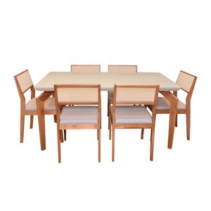 Sala De Jantar Mesa Ester 180x90 Com Vidro Off White 6 Cadeiras Alice Tela Sintética Madeira Maciça 