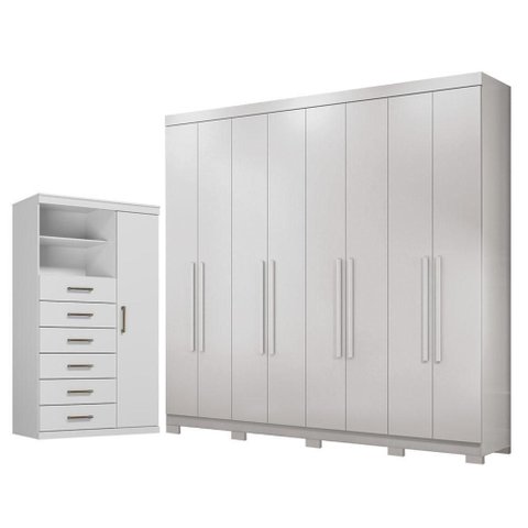 Guarda Roupa Casal Master New 8 Portas de Bater 4 Gavetas MDP Cômoda 1 Porta 6 Gavetas Branco