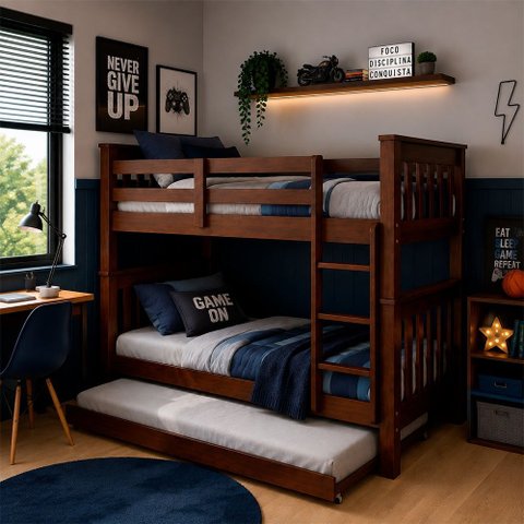 Beliche com Cama Auxiliar Madeira Maciça para Quarto Solteiro Castanho Acetinado Rústico Piratini