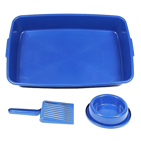 Caixa de Areia para Gatos com Pazinha e Comedouro - Azul