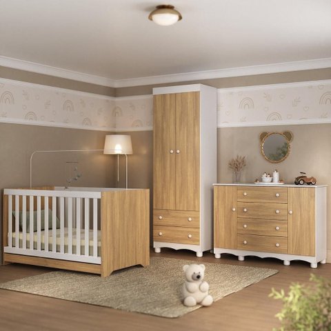 Quarto de Bebê Completo com Berço Americano 3 em 1 Dengo Multimóveis Mp4596 Branco/madeirado