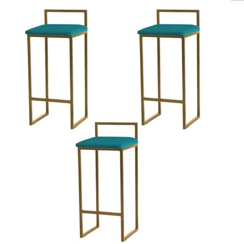 Kit 3 Banquetas Altas Estofadas Suede Pietra Base Dourada:azul turquesa