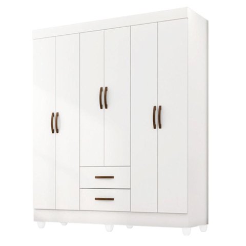 Roupeiro 6 Portas 2 Gavetas Lite Branco Brilho 150cm Largura Quarto Casal Mdp
