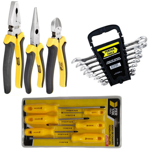Kit Jogo 17 Ferramentas-3 Alicates+8 Chaves Combinadas+3 de Fenda+3 Philips Fertak