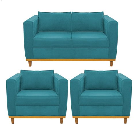 Kit Sofá 2 Lugares e 2 Poltronas Europa Suede Azul Turquesa ADJ Decor