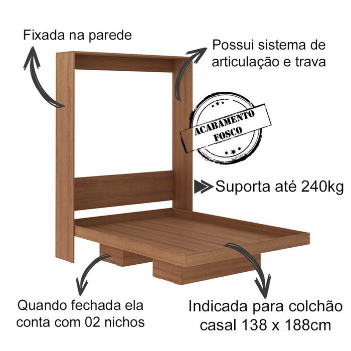 Cama Retratil De Parede Casal CM8016 Amendoa Tecno Mobili - 5