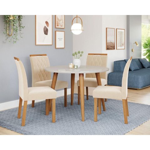 Mesa de Jantar Tampo de Vidro Off White Dani Vidro 1,09 e 4 Cadeiras Juliana Wood Madeira/nude