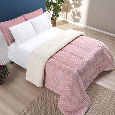Coberdrom Cobertor Meggy Poá Solteiro Sherpa Manta Flannel Bolinhas - Rosa