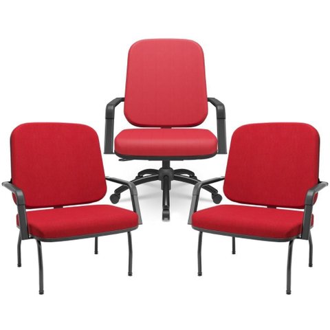 Kit Cadeira de Escritório Giratória e 2 Cadeiras Fixas Preta Magno P03 Crepe Vermelho - Lyam Decor