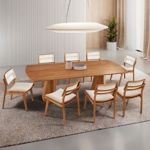 Sala de Jantar Mesa Noronha 220cm Tampo Laminado Canto Barril com 8 Cadeiras Eva Premium
