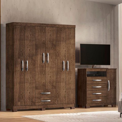 Guarda-Roupa Casal 6 Portas 2 Gavetas e Cômoda Sapateira 4 Gavetas Itapema Marrom/Malbec