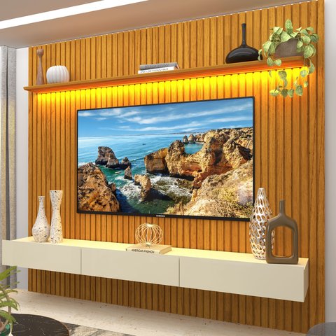 Rack Painel Ripado para TV até 90 Polegadas com LED 100% MDF 228,8cmx250cm 3 Gavetas Marrom Naturale/Off White