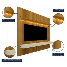 Painel para TV até 90 Polegadas 229x250cm Ripado com LED 3 Gavetas 100% MDF - 11