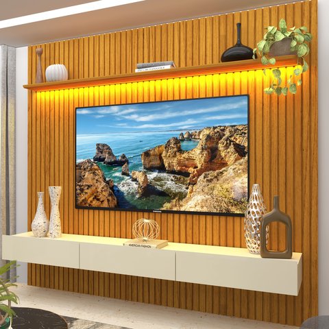Rack com Painel Ripado para TV até 90 Polegadas com LED 100% MDF 228,8cmx250cm 3 Gavetas