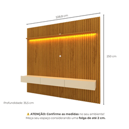 Painel para TV até 90 Polegadas 229x250cm Ripado com LED 3 Gavetas 100% MDF - 4