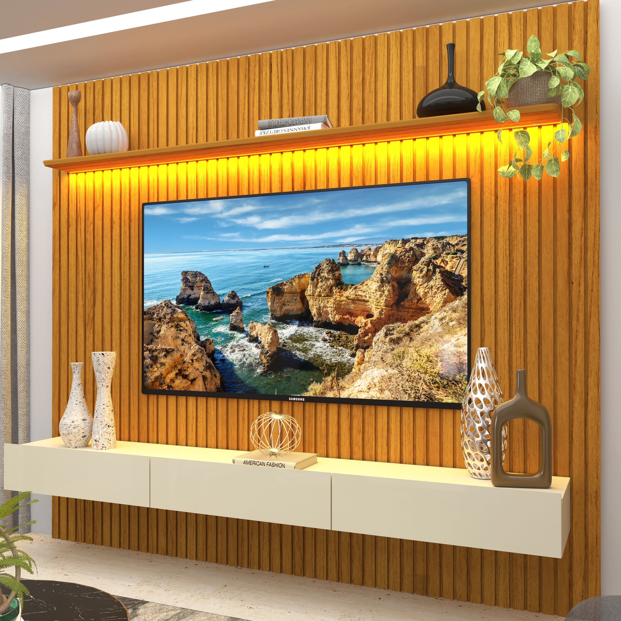 Menor preço em Painel para TV até 90 Polegadas 250cmx228,8cm Ripado com LED 3 Gavetas 100% MDF