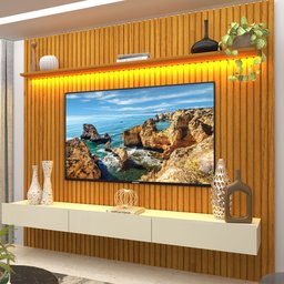 Painel para TV até 90 Polegadas 229x250cm Ripado com LED 3 Gavetas 100% MDF - 2